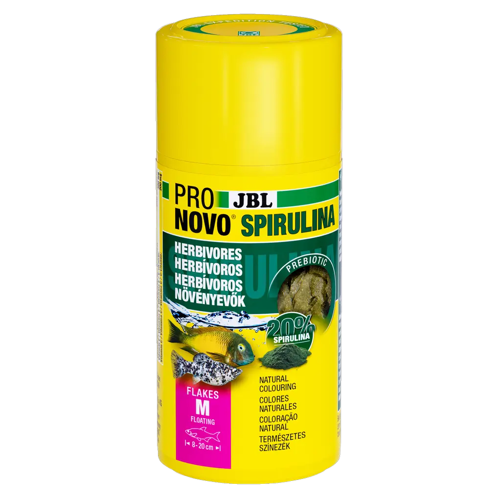 Floating, prebiotic spirulina algae food flakes for herbivorous (plant/algae-eating) aquarium fish such as livebearers and filter feeders from Lake Malawi and Lake Tanganyika.