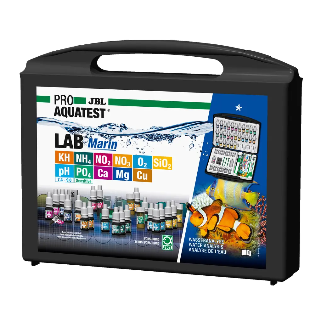 Simple and reliable monitoring of water values in saltwater aquariums. Determination of: pH value, carbonate hardness, calcium, magnesium, copper, ammonium, nitrite, nitrate, phosphate, silicate, oxygen