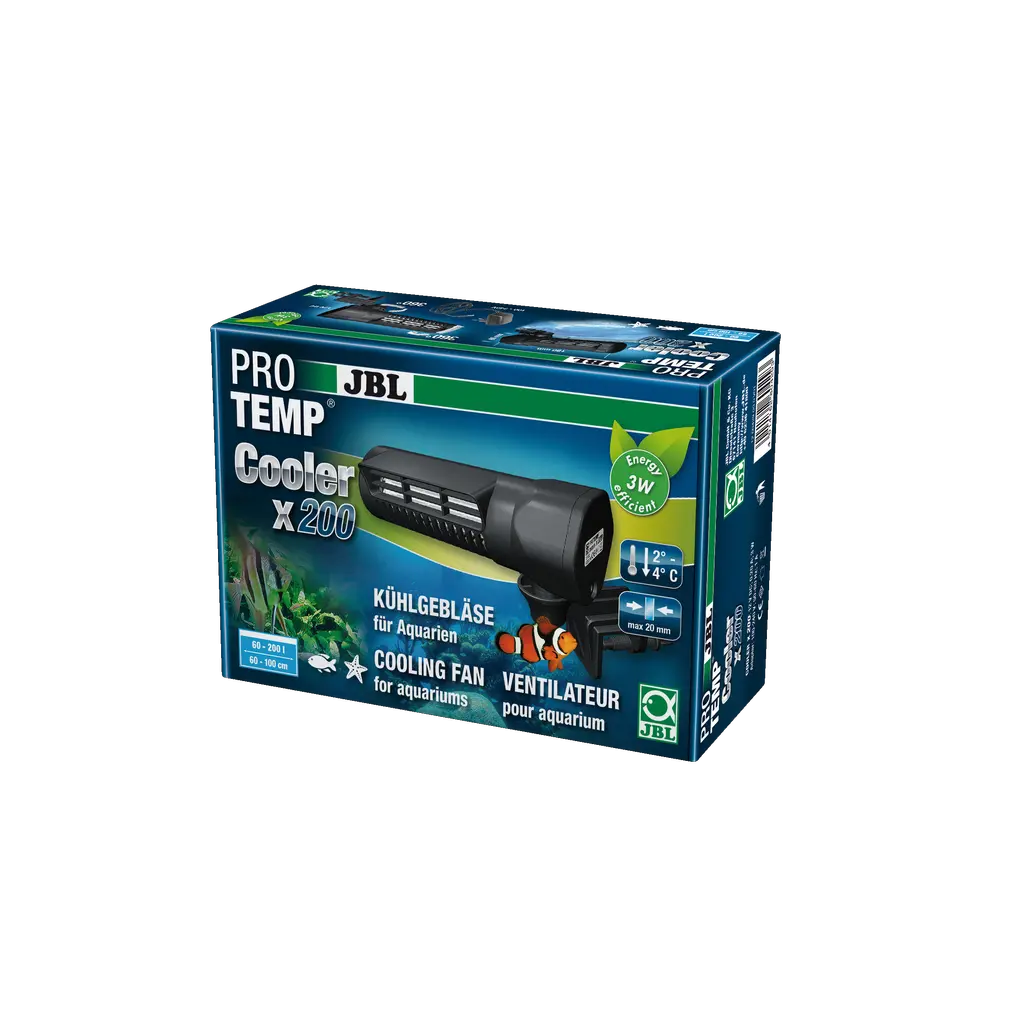 Cooling of the water temperature by 2 - 4 °C at elevated ambient temperatures: cooling fan with modern cross-flow fan and wide air flow for aquariums