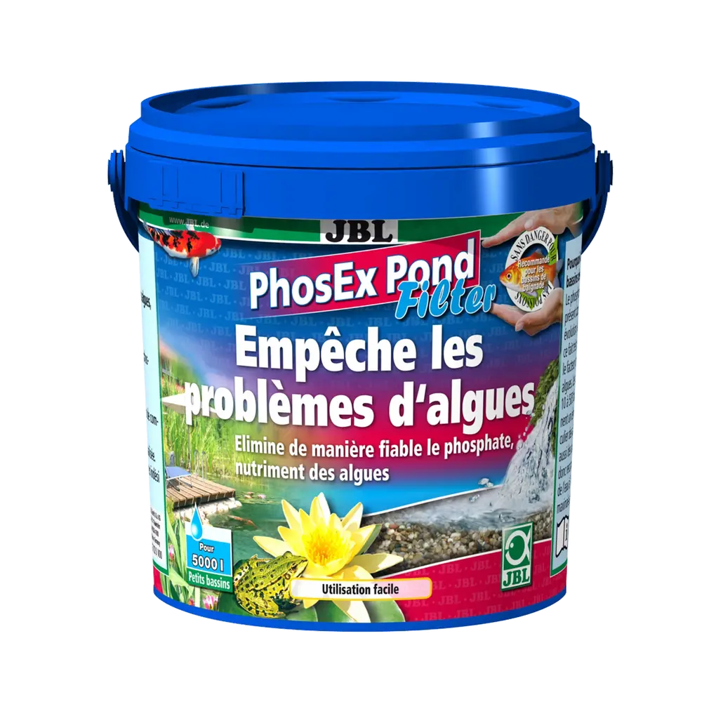 Pour une eau de bassin adaptée aux poissons et aux plantes : granulés pour filtres de bassin permettant d'éliminer efficacement les phosphates, nutriments des algues, de l'eau du bassin.