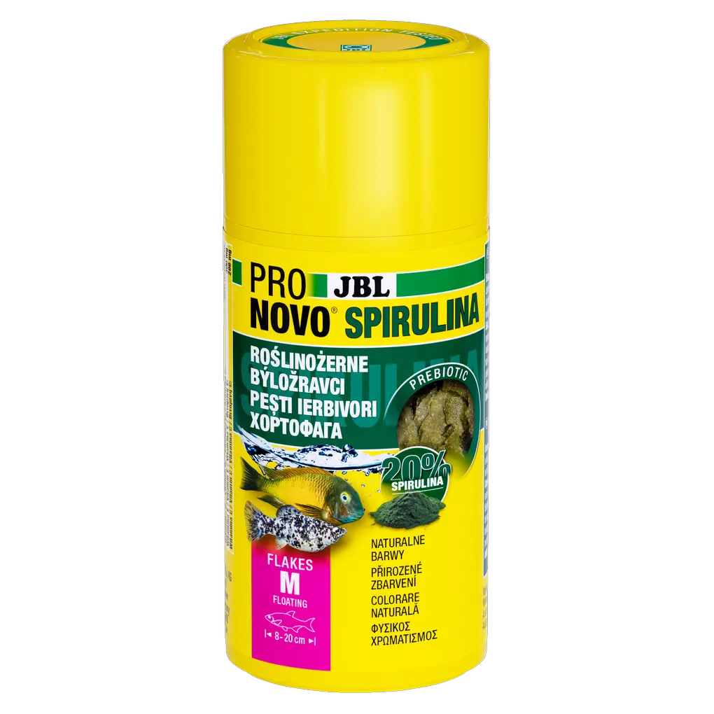 Plovoucí prebiotické krmné vločky ze spiruliny pro býložravé (rostlinožravé/řasožravé) akvarijní ryby, jako jsou živorodé ryby a ryby živící se planktónem z jezer Malawi a Tanganika.