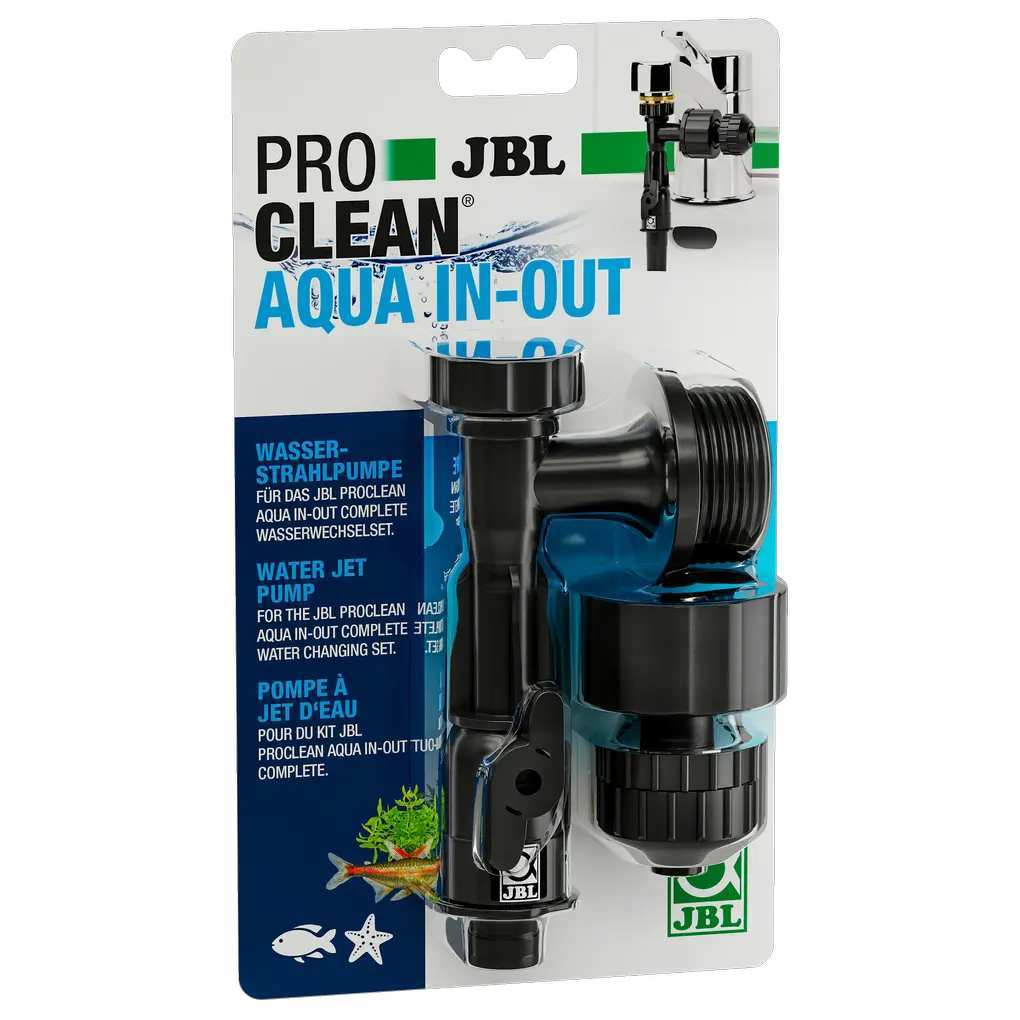 The pump, which is screwed onto the tap, creates suction through the flowing tap water, allowing water to be sucked out of the aquarium through a hose. After switching a lever, it can be refilled.