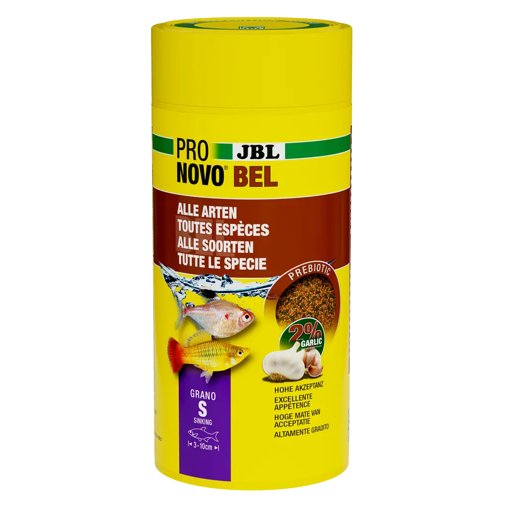 Mangime prebiotico per acquari con aglio: speciali fibre alimentari presenti nel mangime forniscono nutrimento ai batteri intestinali benefici per una digestione sana.