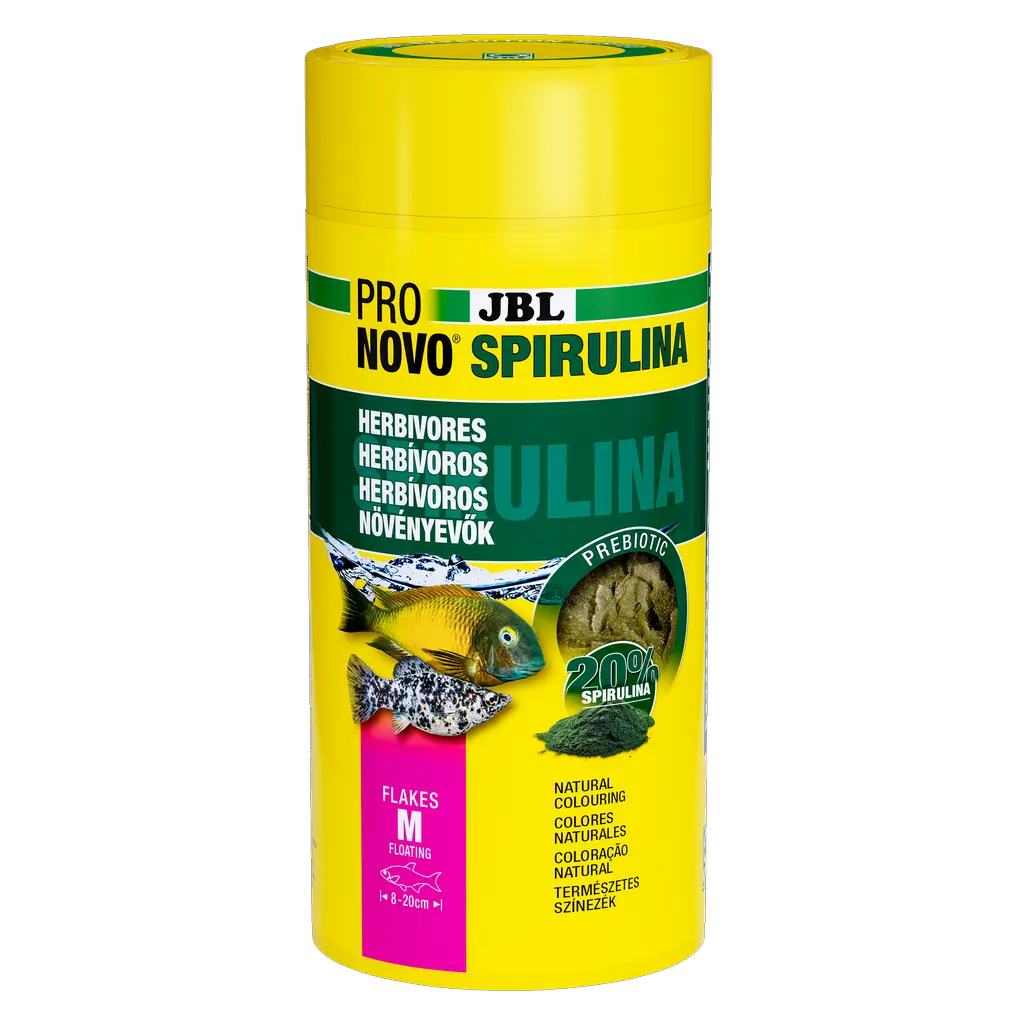Floating, prebiotic spirulina algae food flakes for herbivorous (plant/algae-eating) aquarium fish such as livebearers and filter feeders from Lake Malawi and Lake Tanganyika.