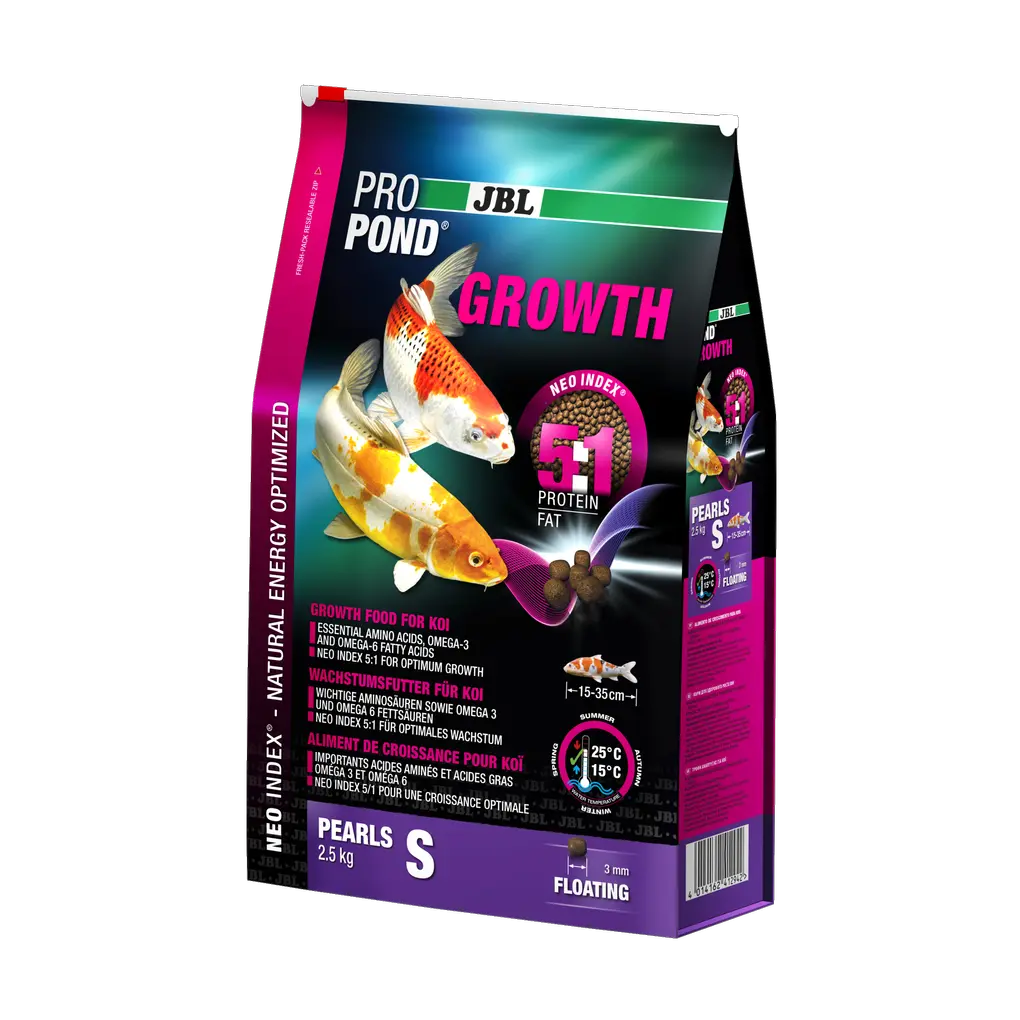 Complete feed with the correct protein-fat ratio of 5:1 according to the NEO Index, which takes into account water temperature, function, animal size and age.