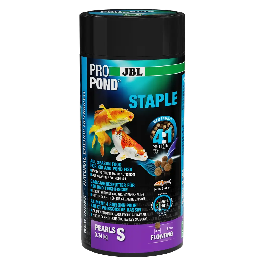 High-quality, floating pellets with a diameter of 3 mm for year-round feeding at water temperatures of 10–25 °C.