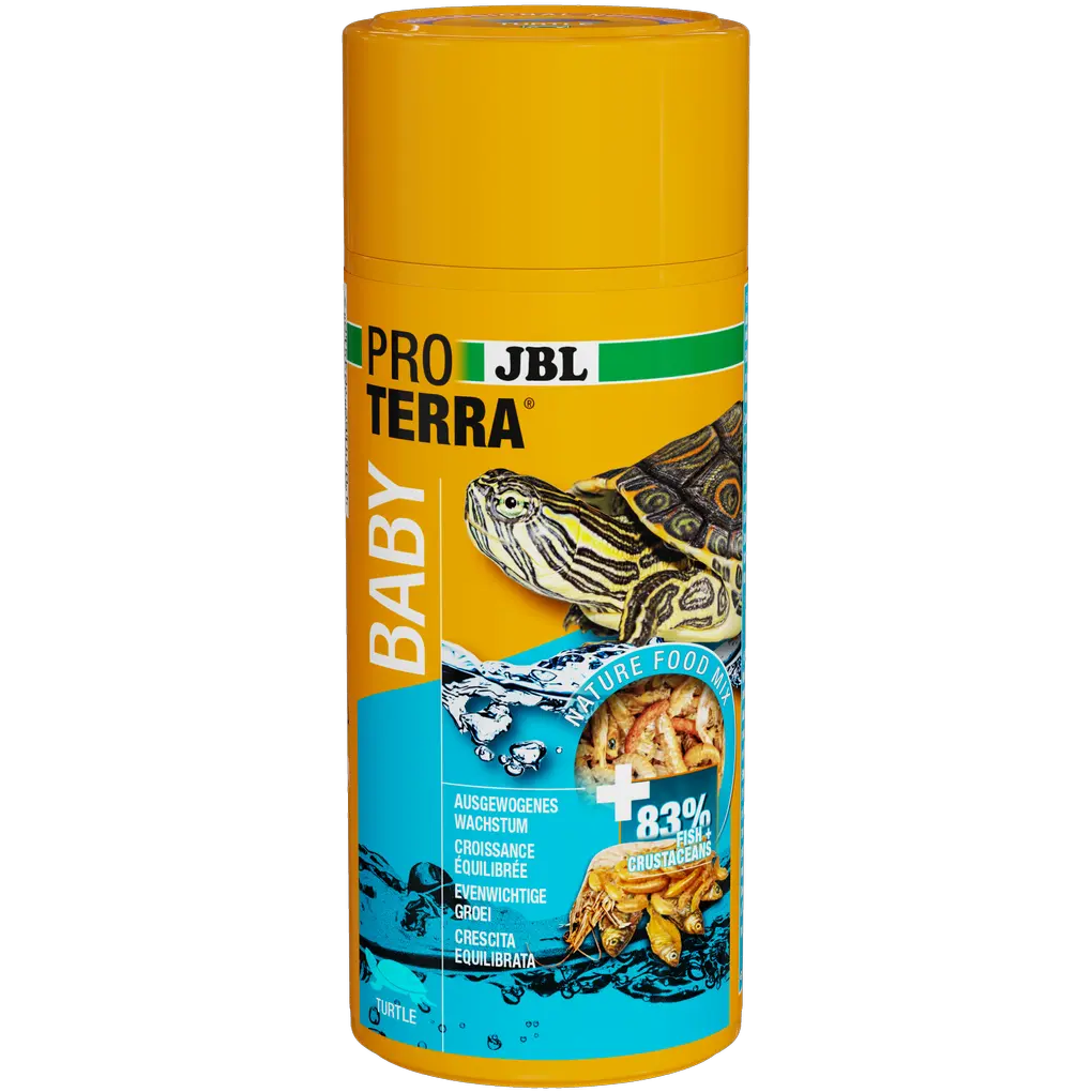 Aliment complet pour bébés tortues aquatiques : petits crustacés (env. 1-2 cm) et poissons (2-4 cm) tamisés et nettoyés, ainsi que des bâtonnets alimentaires (1 cm) pour jeunes tortues aquatiques.