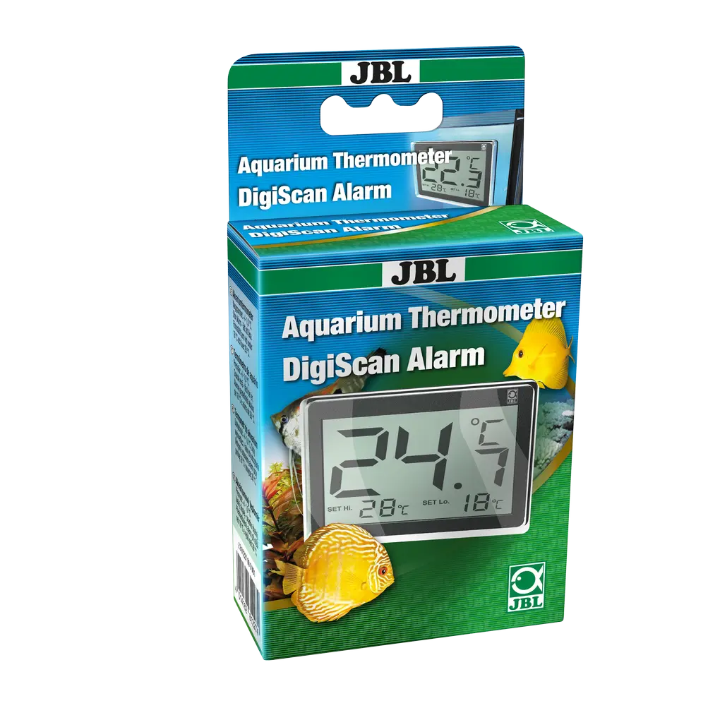 Thermomètre numérique pour aquarium affichant les températures de l'eau de 0 à 37 °C par incréments de 0,1 °C. L'alarme préréglée clignote <18 et  >28 °C.