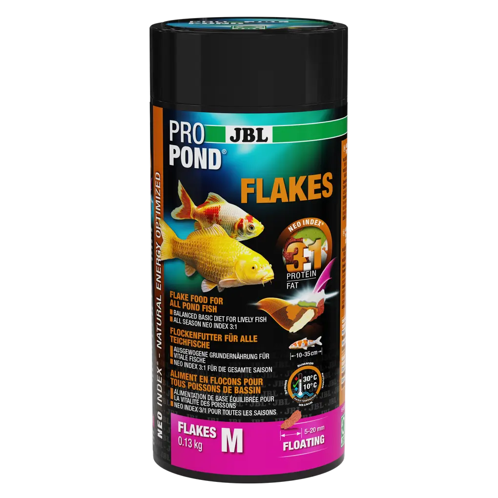 Aliment complet avec un rapport protéines/lipides correct de 3:1 selon l'indice NEO, qui tient compte de la température de l'eau, de la fonction, de la taille et de l'âge de l'animal.