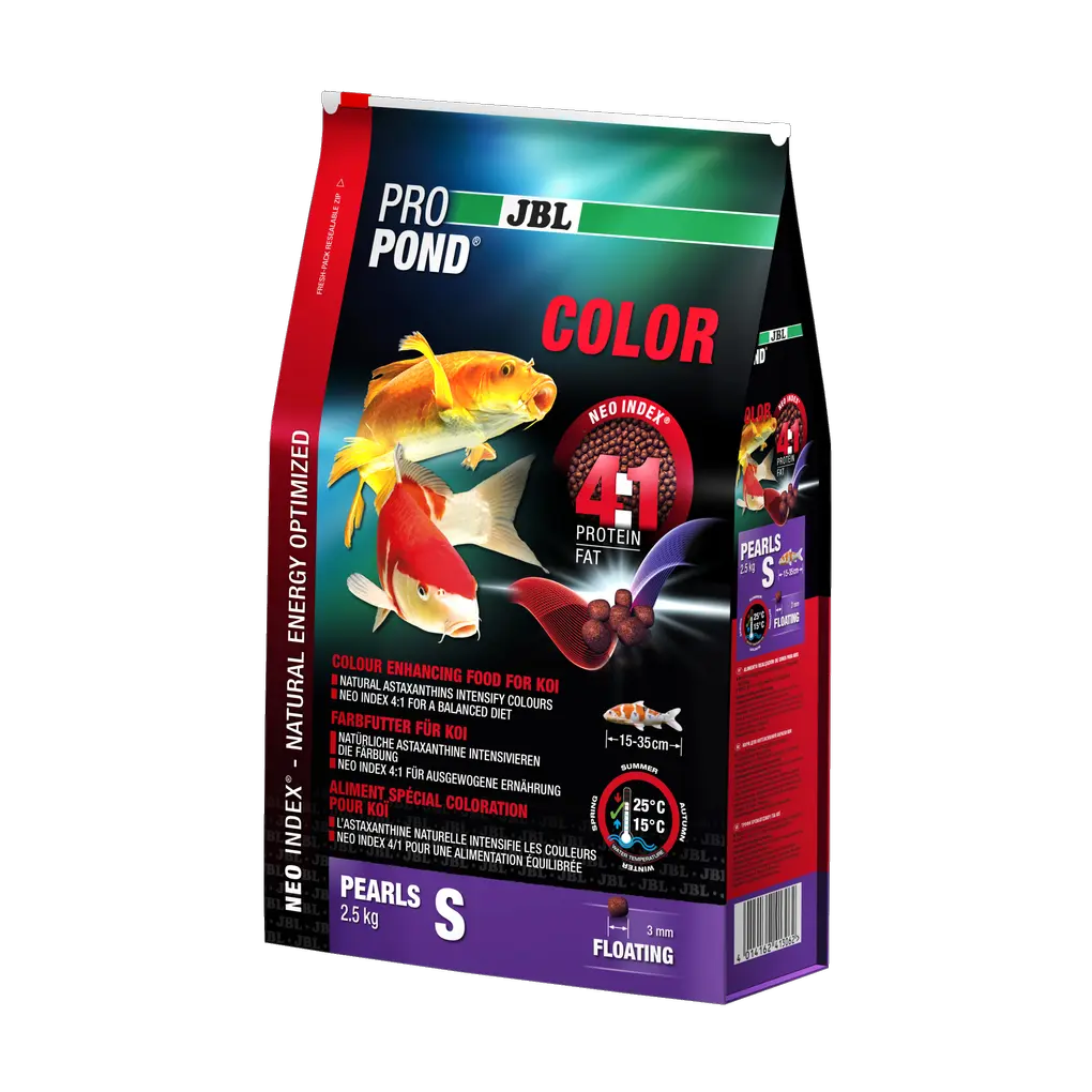 Aliment complet avec un rapport protéines/lipides correct de 4:1 selon l'indice NEO, qui tient compte de la température de l'eau, de la fonction, de la taille et de l'âge de l'animal.