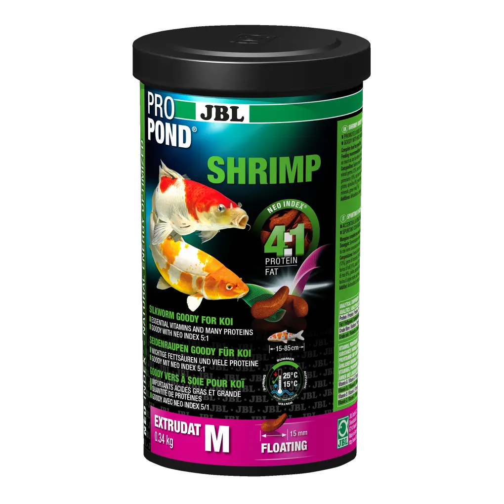 A treat for all koi. Shrimp extrudate with the correct protein-fat ratio of 4:1 according to the NEO Index, which takes into account water temperature, function, animal size and age.