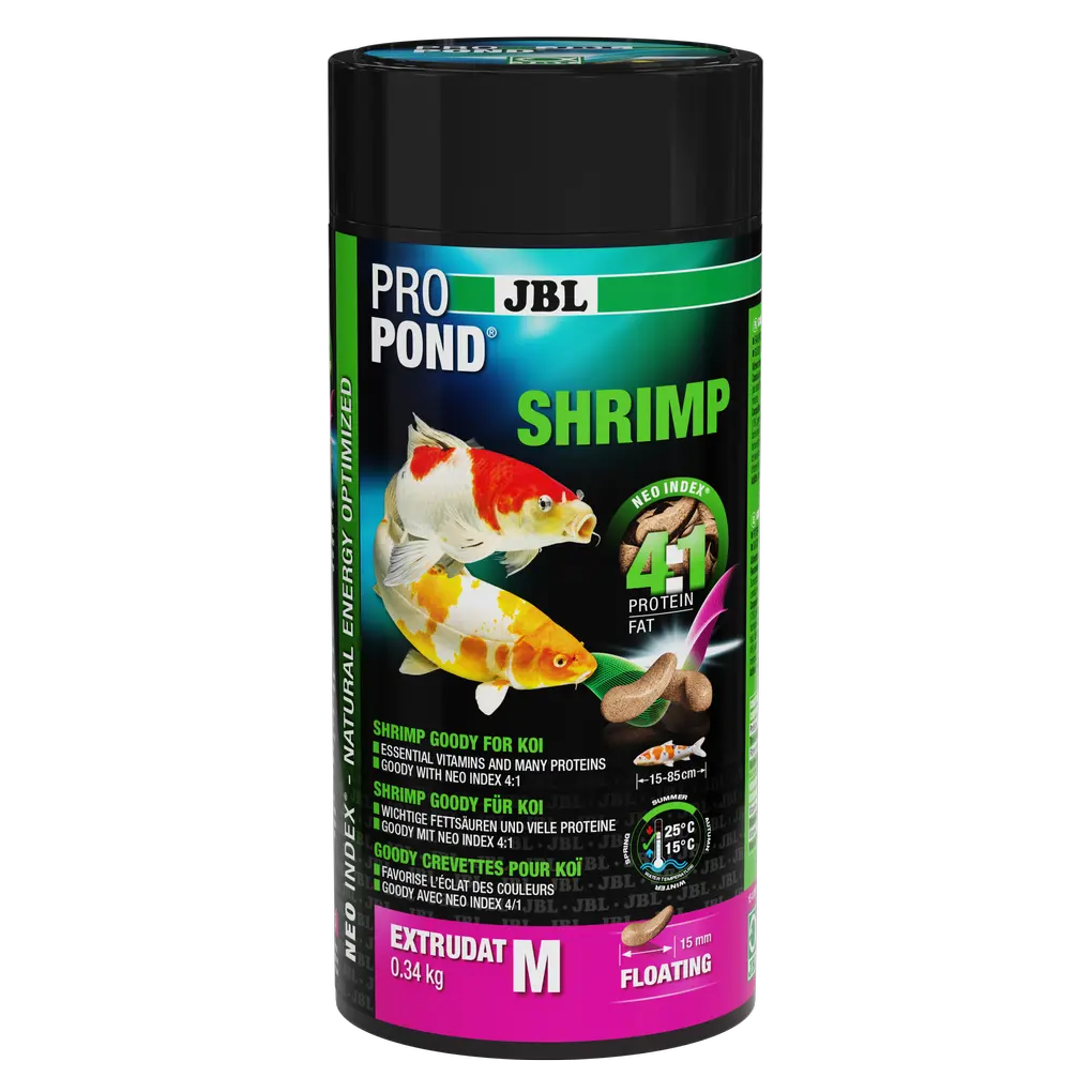 Une friandise pour tous les koïs. Extrudat de crevettes avec un rapport protéines/graisses correct de 4:1 selon l'indice NEO, qui tient compte de la température de l'eau, de la  fonction, de la taille et de l'âge des animaux.