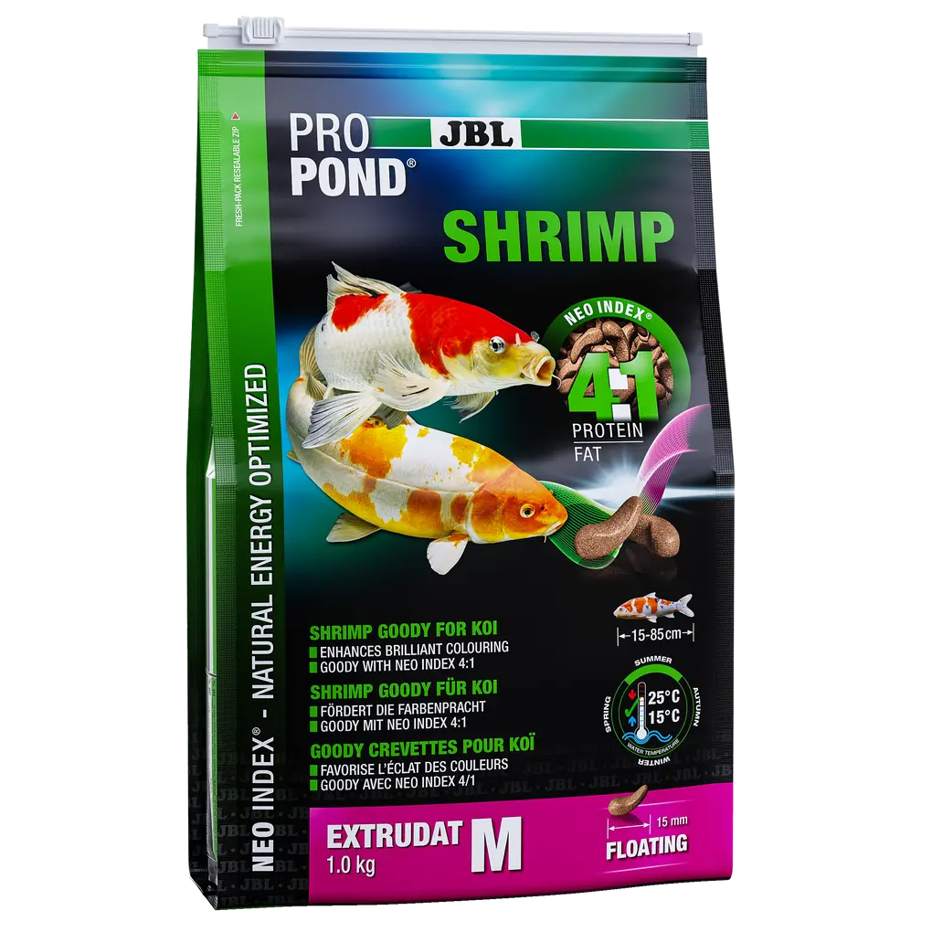 Une friandise pour tous les koïs. Extrudat de crevettes avec un rapport protéines/graisses correct de 4:1 selon l'indice NEO, qui tient compte de la température de l'eau, de la  fonction, de la taille et de l'âge des animaux.