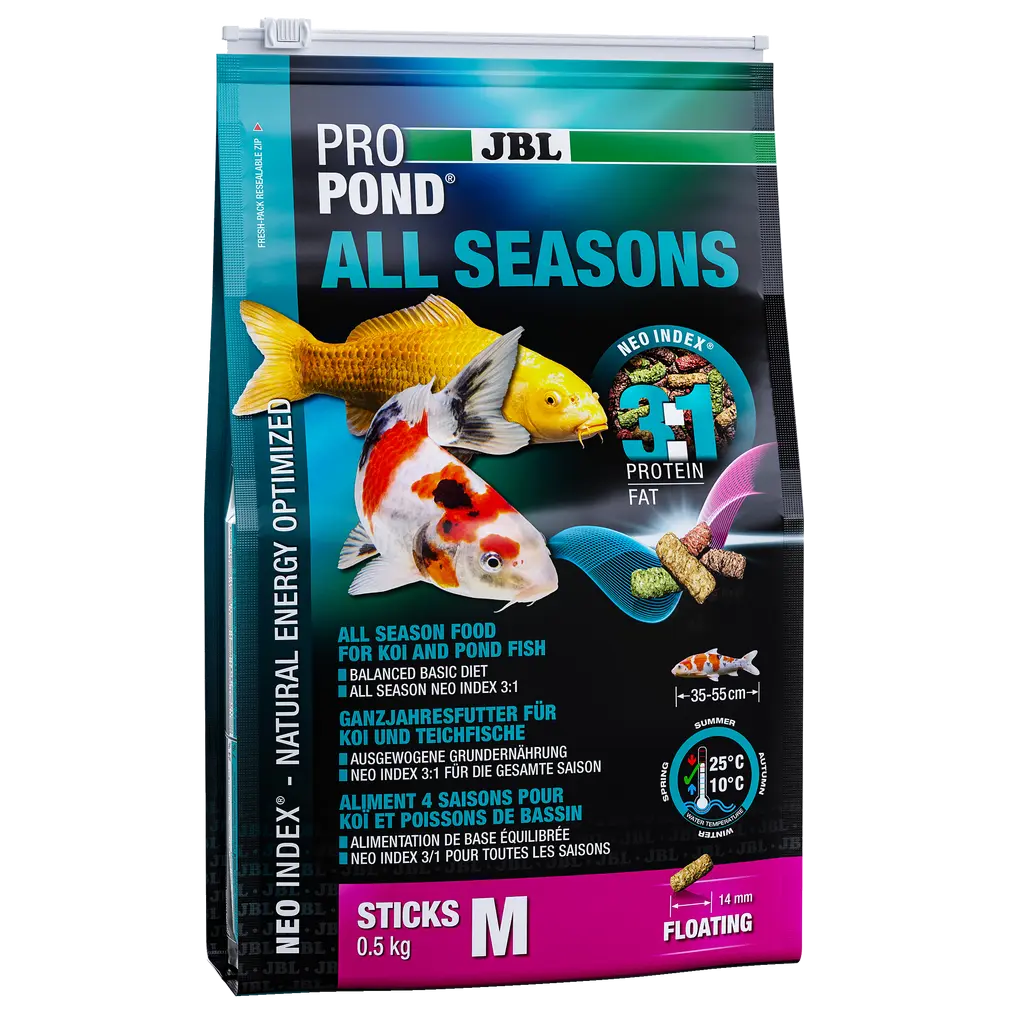 Complete feed with the correct protein-fat ratio of 3:1 according to the NEO Index, which takes into account water temperature, function, animal size and age.