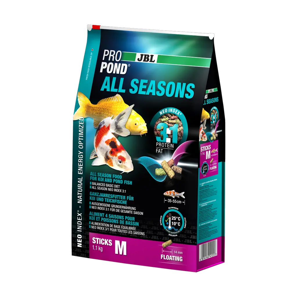 Aliment complet avec un rapport protéines/lipides correct de 3:1 selon l'indice NEO, qui tient compte de la température de l'eau, de la fonction, de la taille et de l'âge de l'animal.