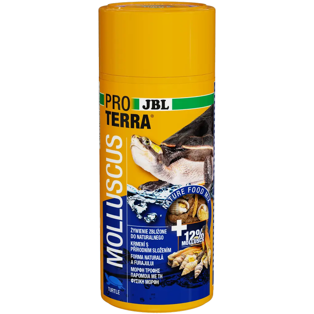 Melci întregi, uscați, naturali (cu carapace de aproximativ 2 cm), insecte acvatice, scoici, bastonașe cu pește (aproximativ 1,5 cm) și creveți, ca varietate ideală și naturală în alimentația tuturor tipurilor de broaște țestoase acvatice și de mlaștină.