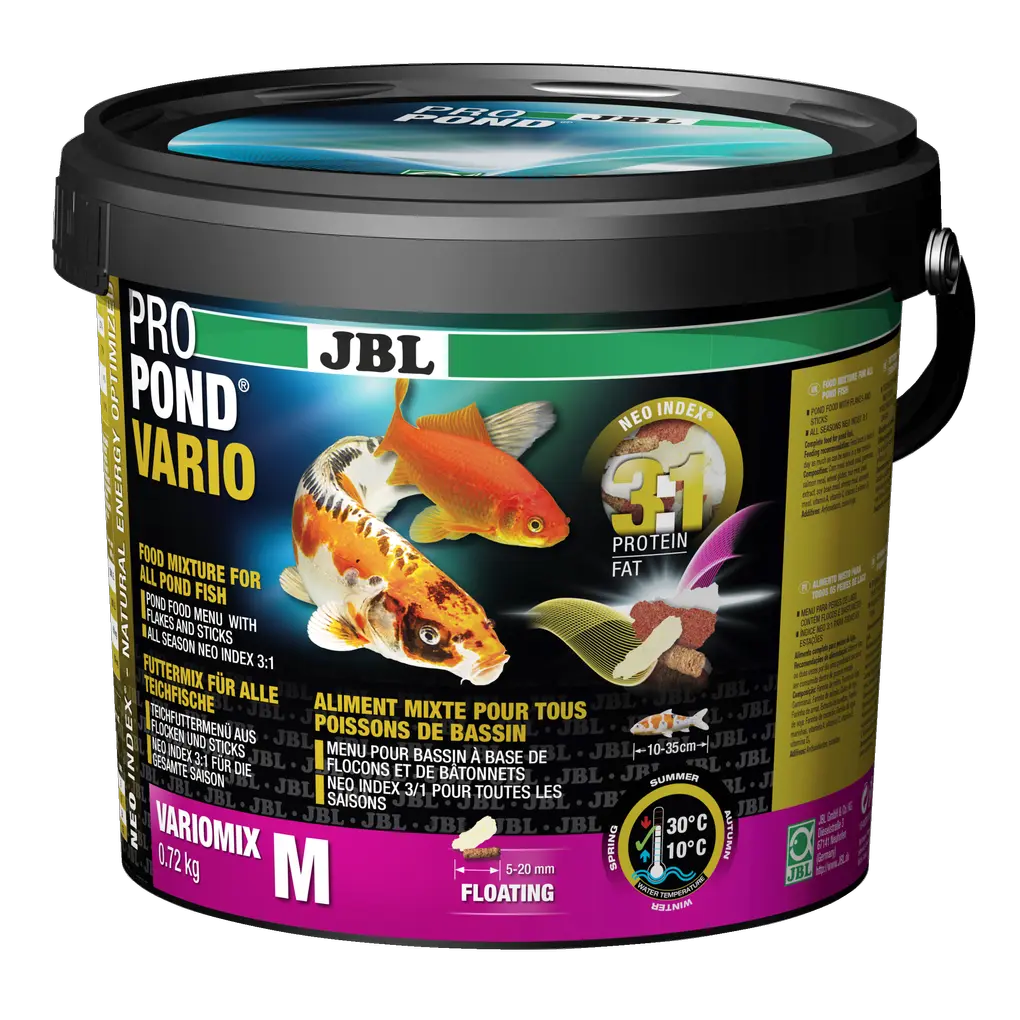 Ração completa com proporção adequada de proteínas e gorduras de 3:1, de acordo com o Índice NEO, que leva em consideração a temperatura da água, a função, o tamanho e a idade do animal.