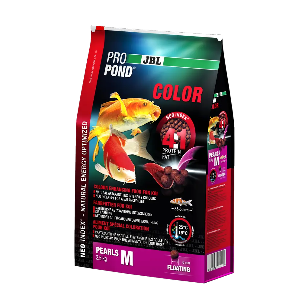 Aliment complet avec un rapport protéines/lipides correct de 4:1 selon l'indice NEO, qui tient compte de la température de l'eau, de la fonction, de la taille et de l'âge de l'animal.