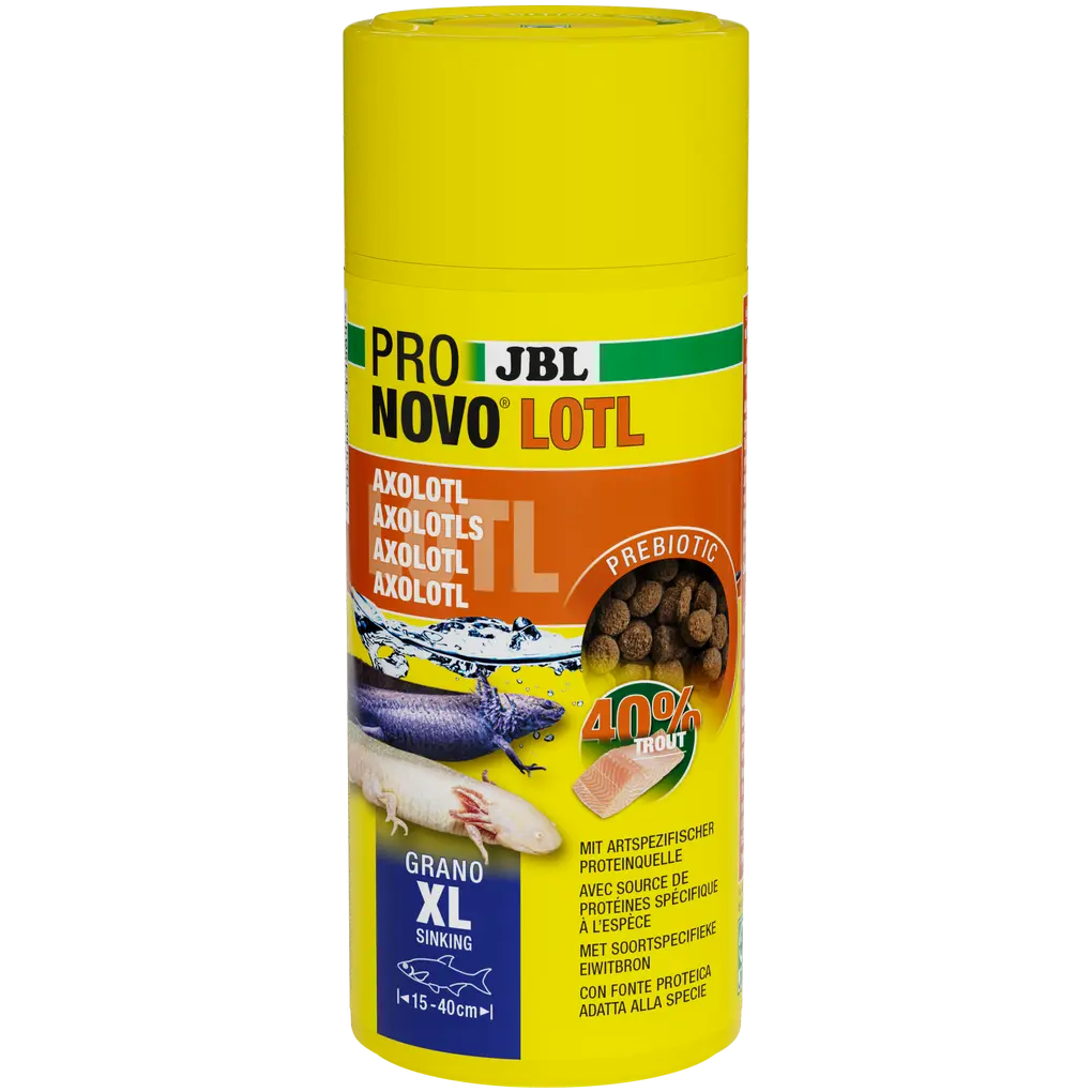 Complete nutrition and optimal growth with large feed pellets for axolotls and newts measuring 15–25 cm