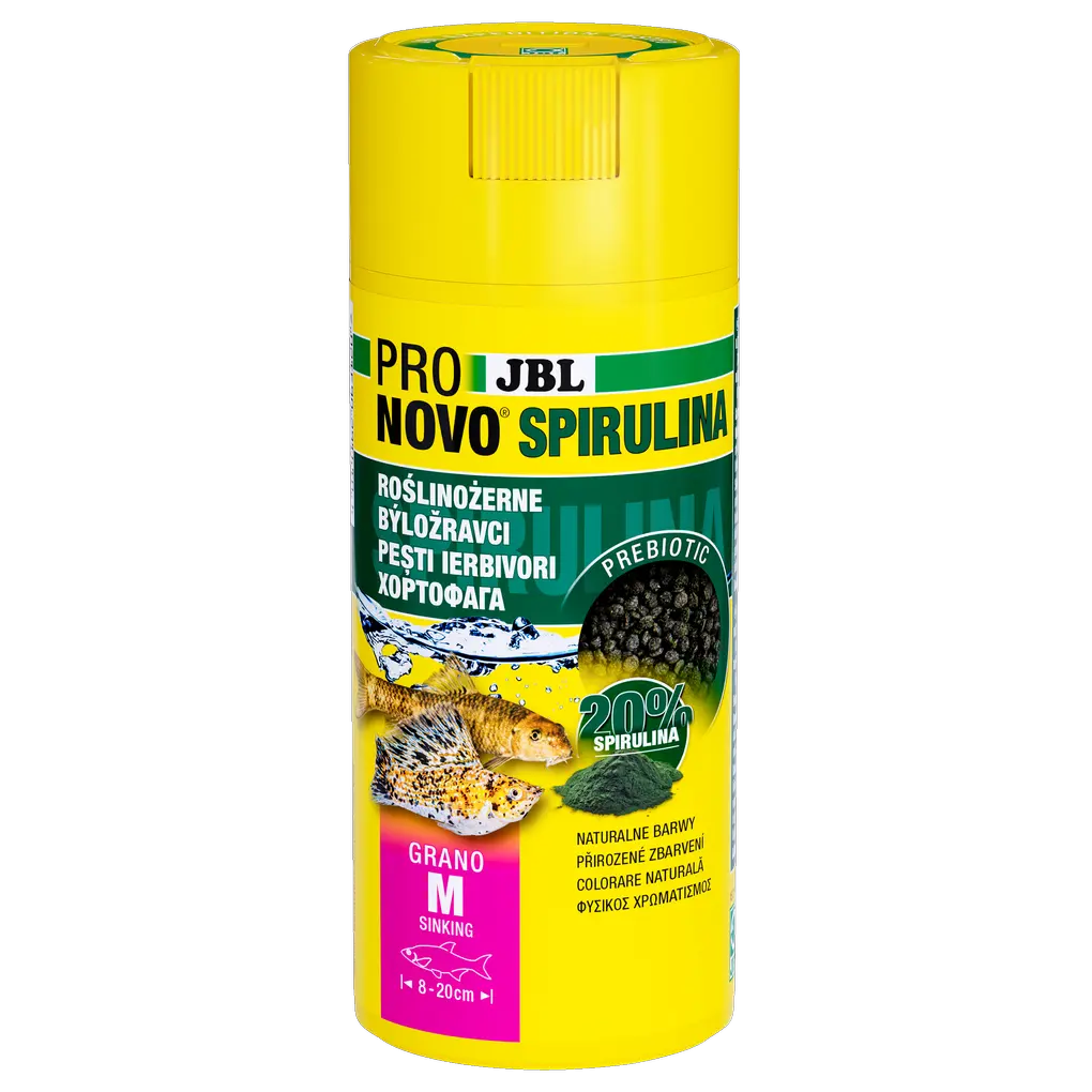 Potápějící se prebiotické krmné granule ze spiruliny pro býložravé (rostliny/řasy) obyvatele akvárií, jako jsou živorodé ryby a sumci.