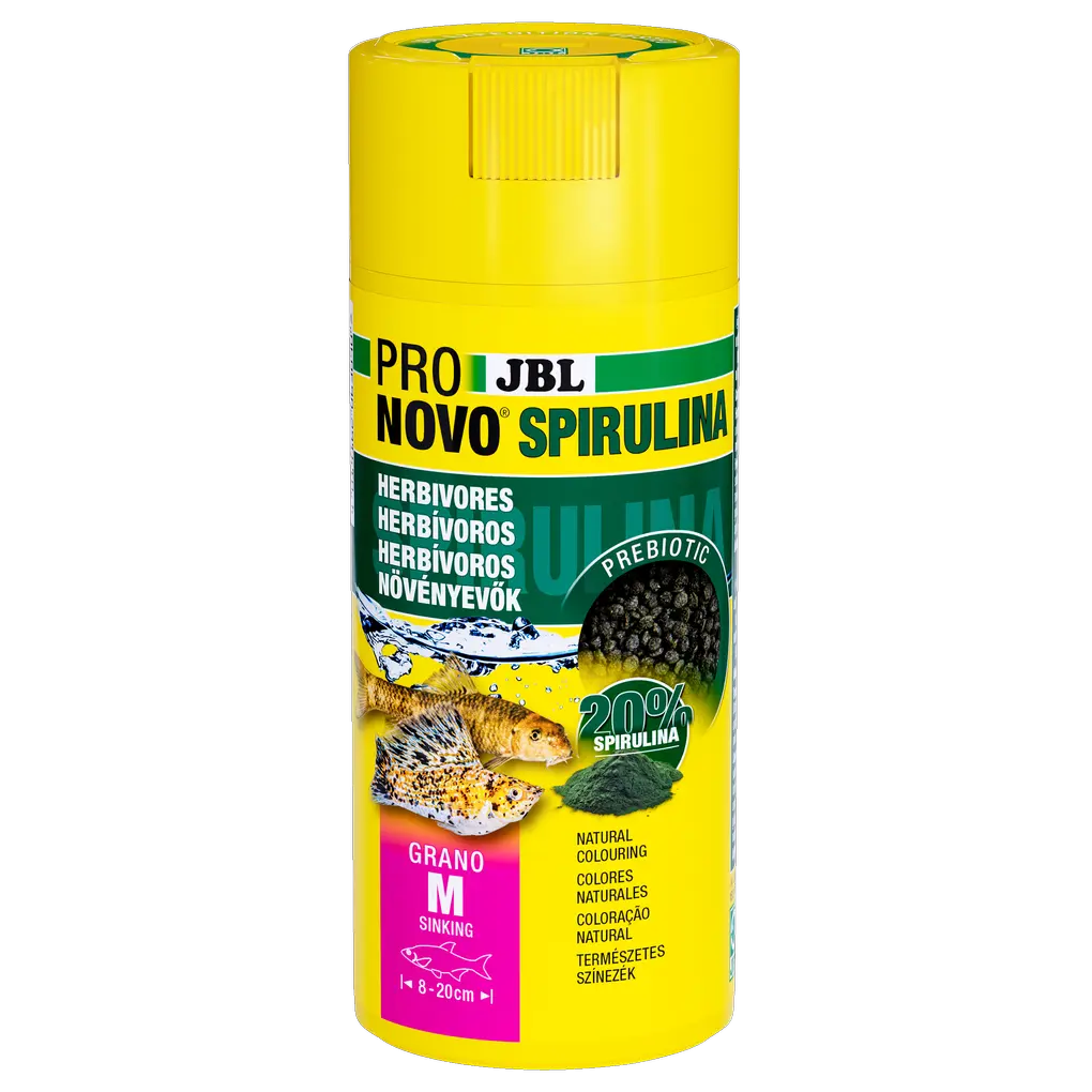 Sinking, prebiotic spirulina algae food granules for herbivorous (plant/algae-eating) aquarium inhabitants such as livebearers and sucking loaches.