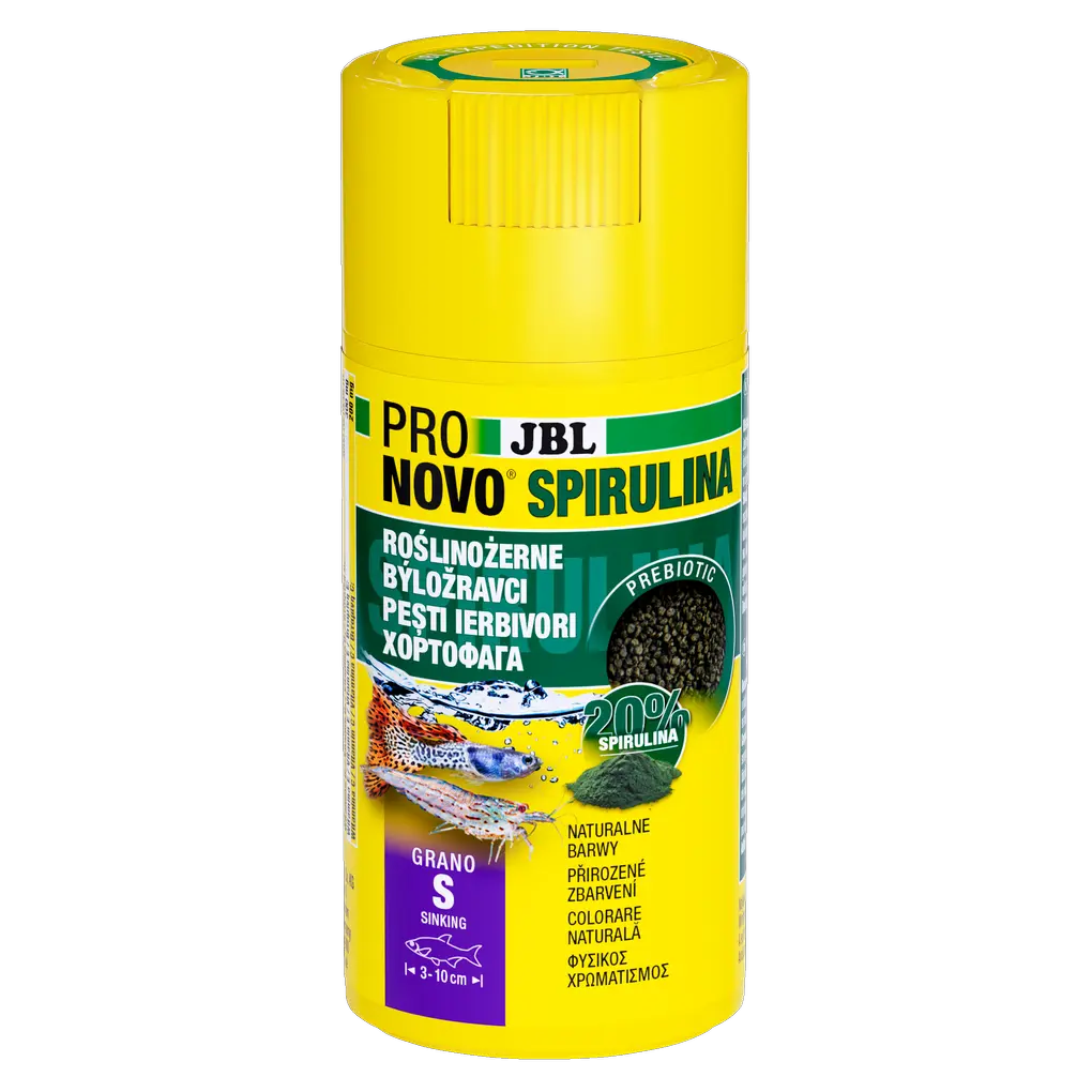 Potápějící se prebiotické krmivo ve formě granulí ze spiruliny pro býložravé (rostliny/řasy) obyvatele akvárií, jako jsou živorodky a krevety.