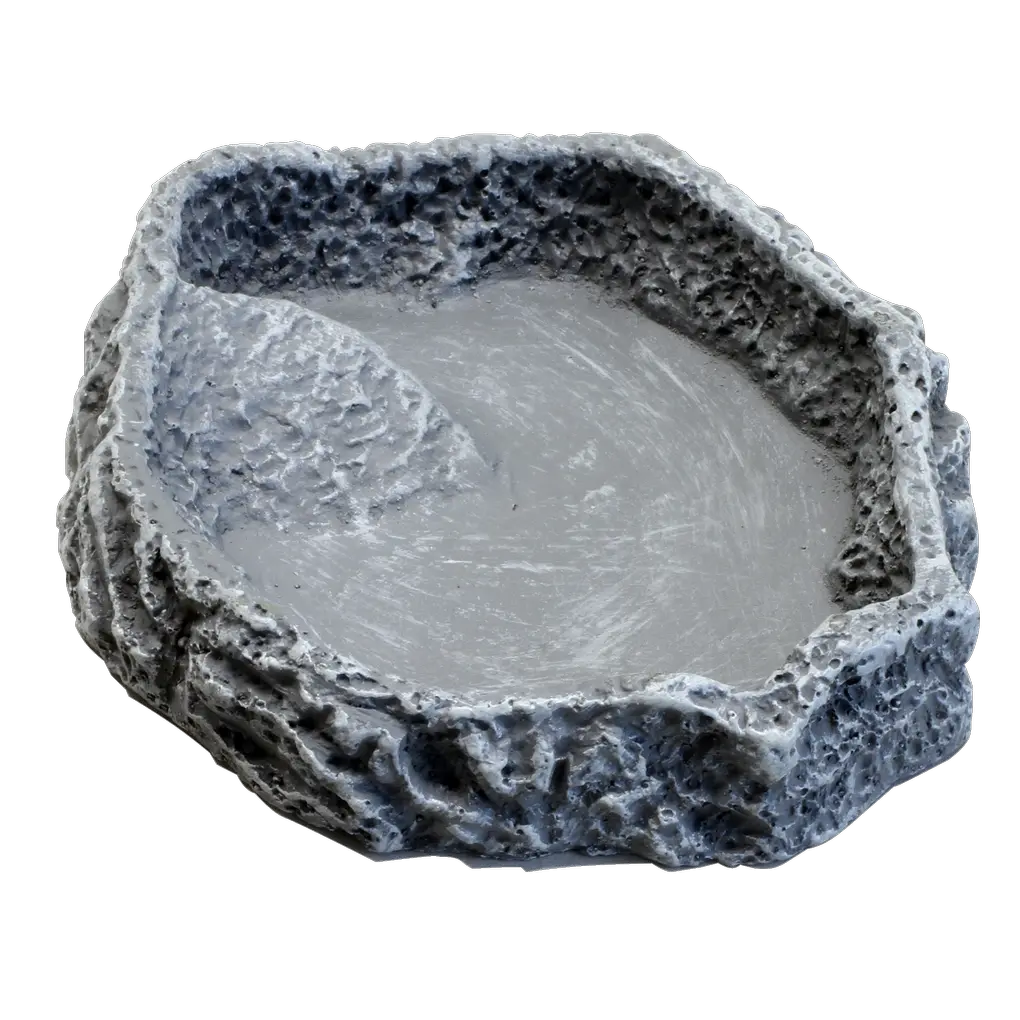 Customised design of the terrarium: stone-look bowl for food, water or bathing.