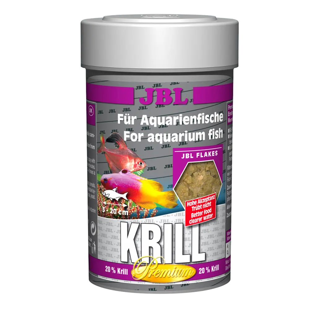 Complete nutrition and optimal growth for tropical freshwater and saltwater fish: Krill flakes rich in protein, unsaturated fatty acids and carotenoids.