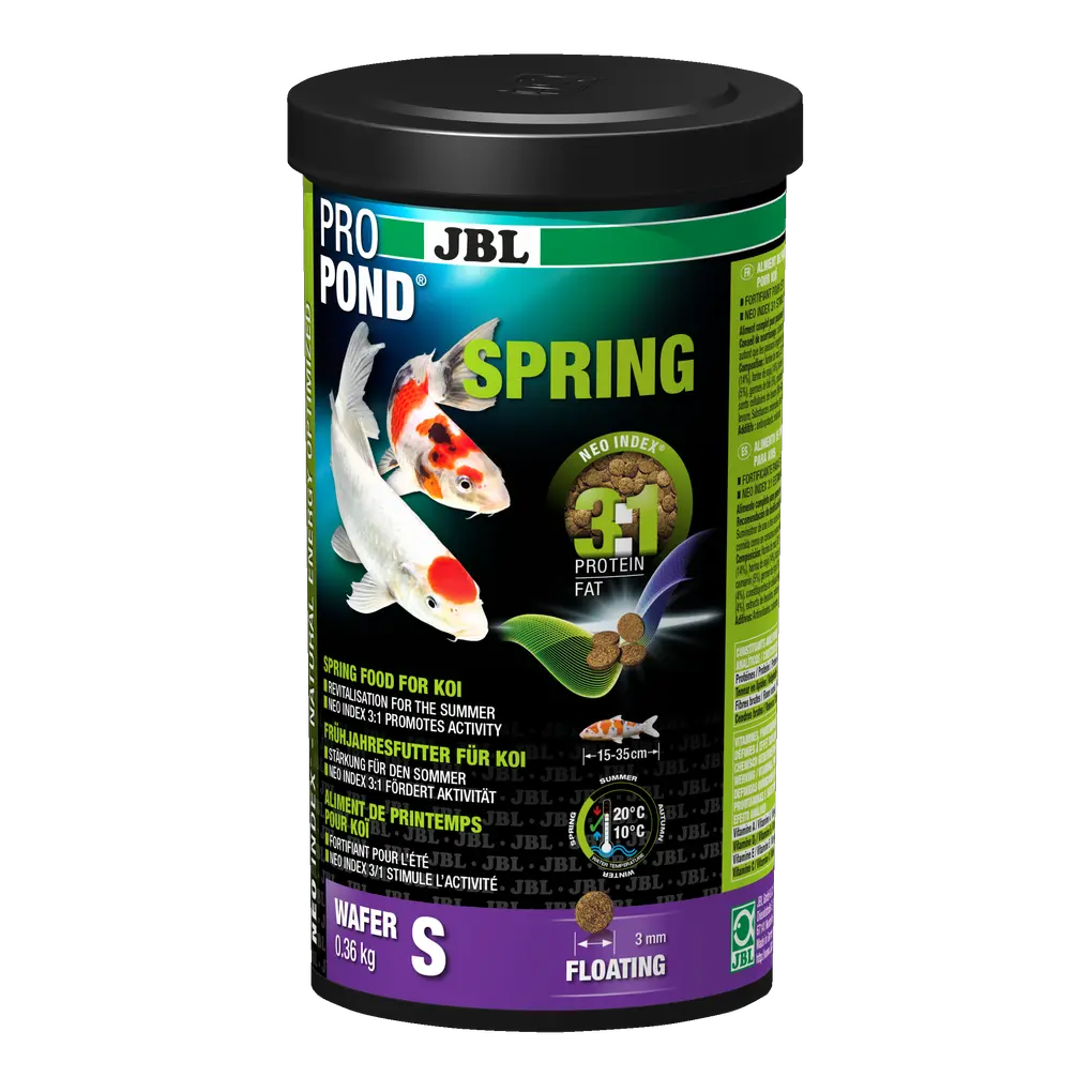 Aliment complet avec un rapport protéines/lipides correct de 3:1 selon l'indice NEO, qui tient compte de la température de l'eau, de la fonction, de la taille et de l'âge de l'animal.