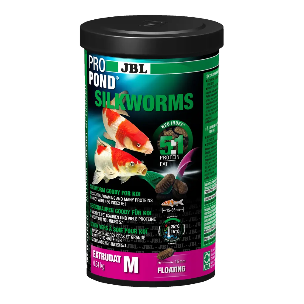 Seidenraupen-Extrudat mit richtigem Protein-Fettverhältnis von 5:1 nach NEO Index, der Wassertemperatur,  Funktion, Tiergröße und Alter berücksichtigt