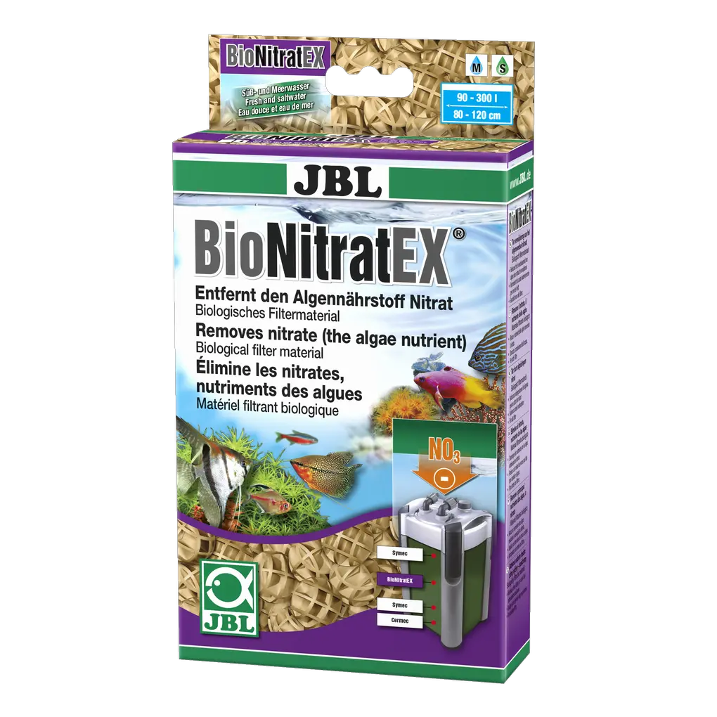 Biological filter material that breaks down bacteria and removes algae-promoting nitrate from fresh or salt water