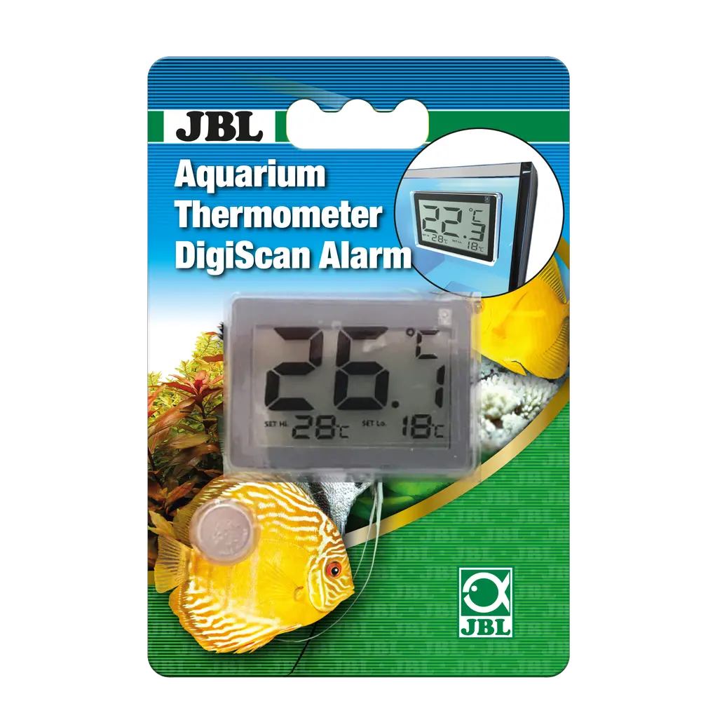 Digital aquarium thermometer that displays water temperatures from 0-37 °C in 0.1 °C increments. Preset alarm flashes <18 and >28 °C.