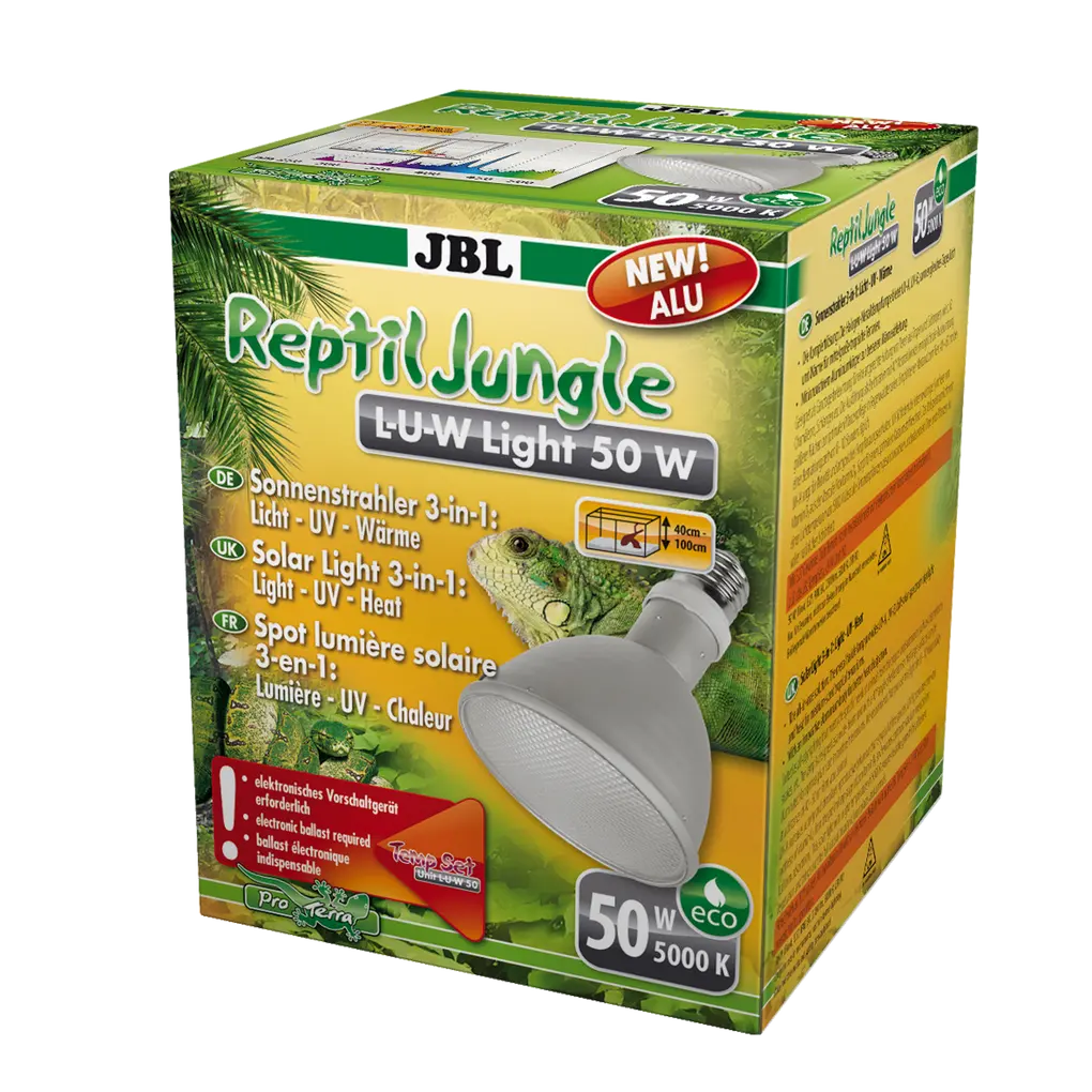 Full spectrum spot sun lamp made of aluminium for rainforest terrariums with 40° wide beam