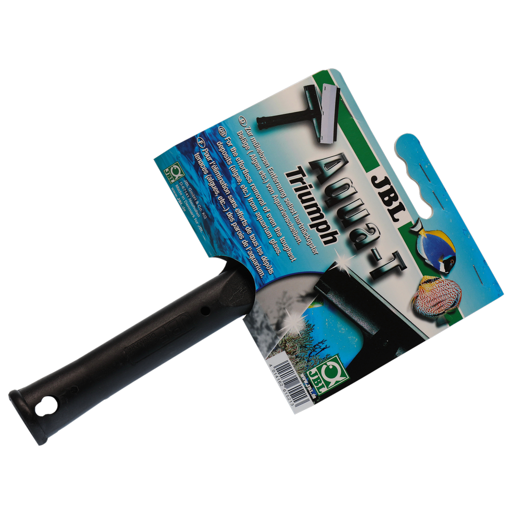 Effortless removal of stubborn deposits on aquarium panes: pane cleaner with stainless steel blade and rubber scraper (=protective cap)