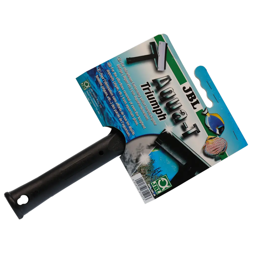 Effortless removal of stubborn deposits on aquarium panes: pane cleaner with stainless steel blade and rubber scraper (=protective cap)