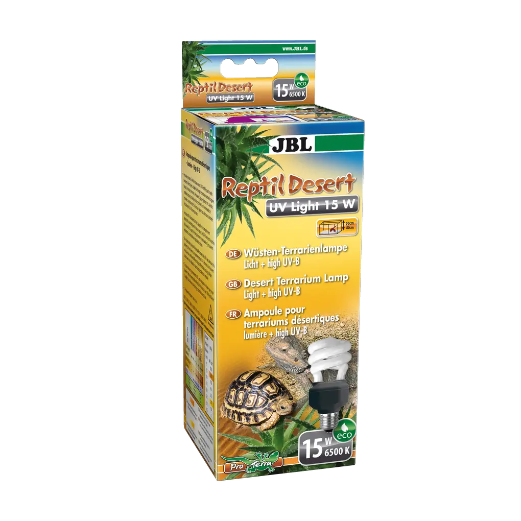 Compact lamp with high UV-A and UV-B content for desert terrariums and 6500 Kelvin for natural lighting conditions