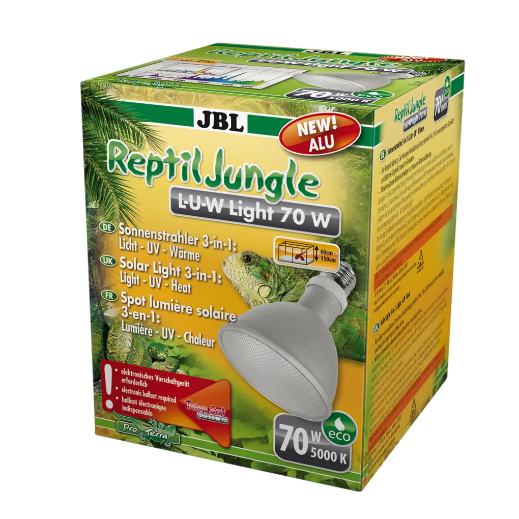 Full spectrum spot sun lamp made of aluminium for rainforest terrariums with 40° wide beam