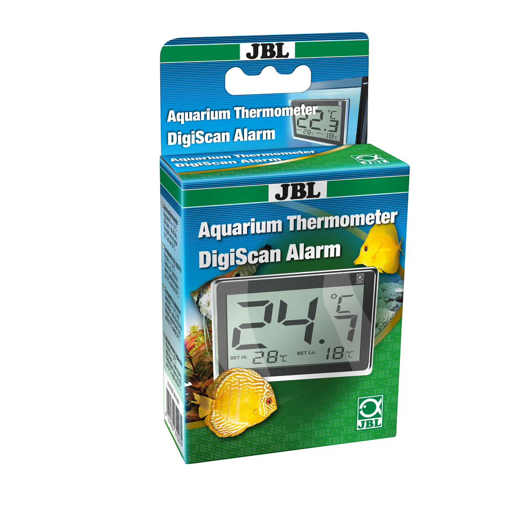 Digital aquarium thermometer that displays water temperatures from 0-37 °C in 0.1 °C increments. Preset alarm flashes <18 and >28 °C.