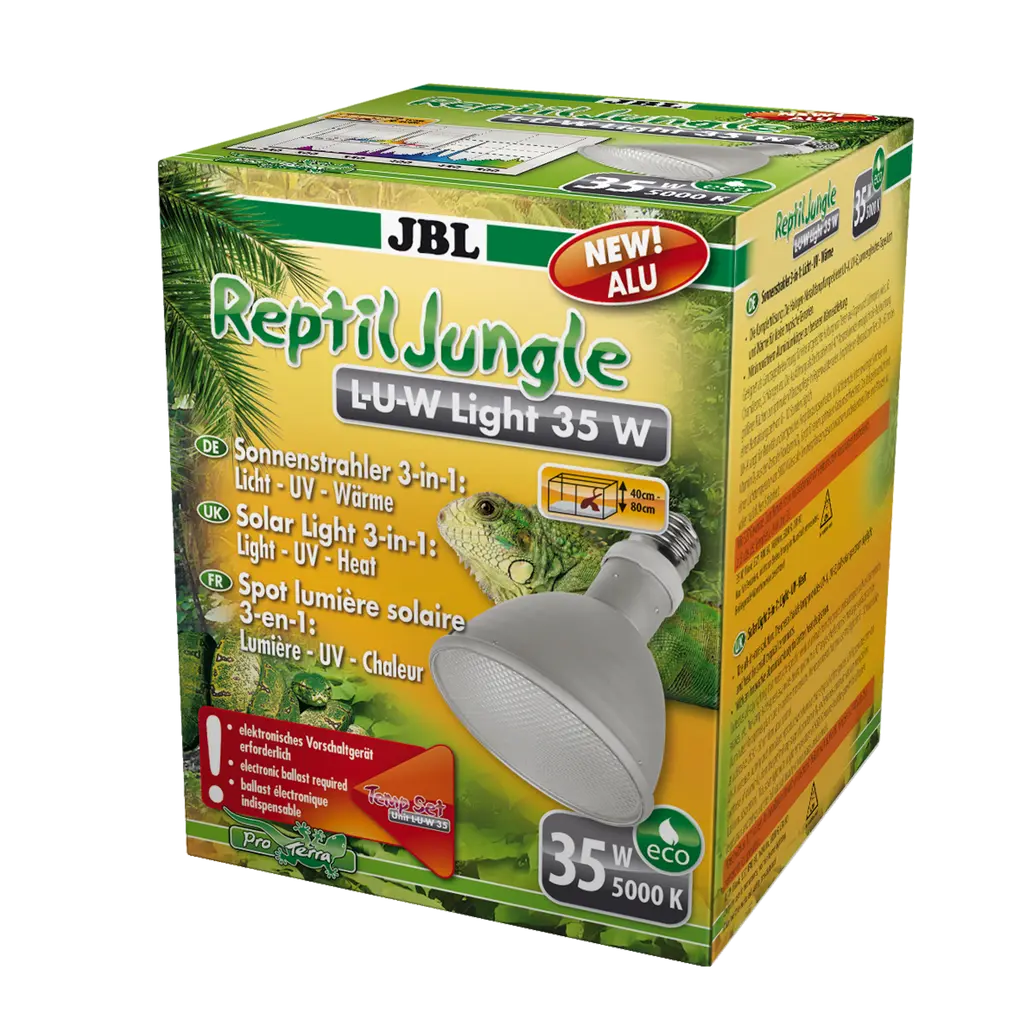 Full spectrum spot sun lamp made of aluminium for rainforest terrariums with 40° wide beam