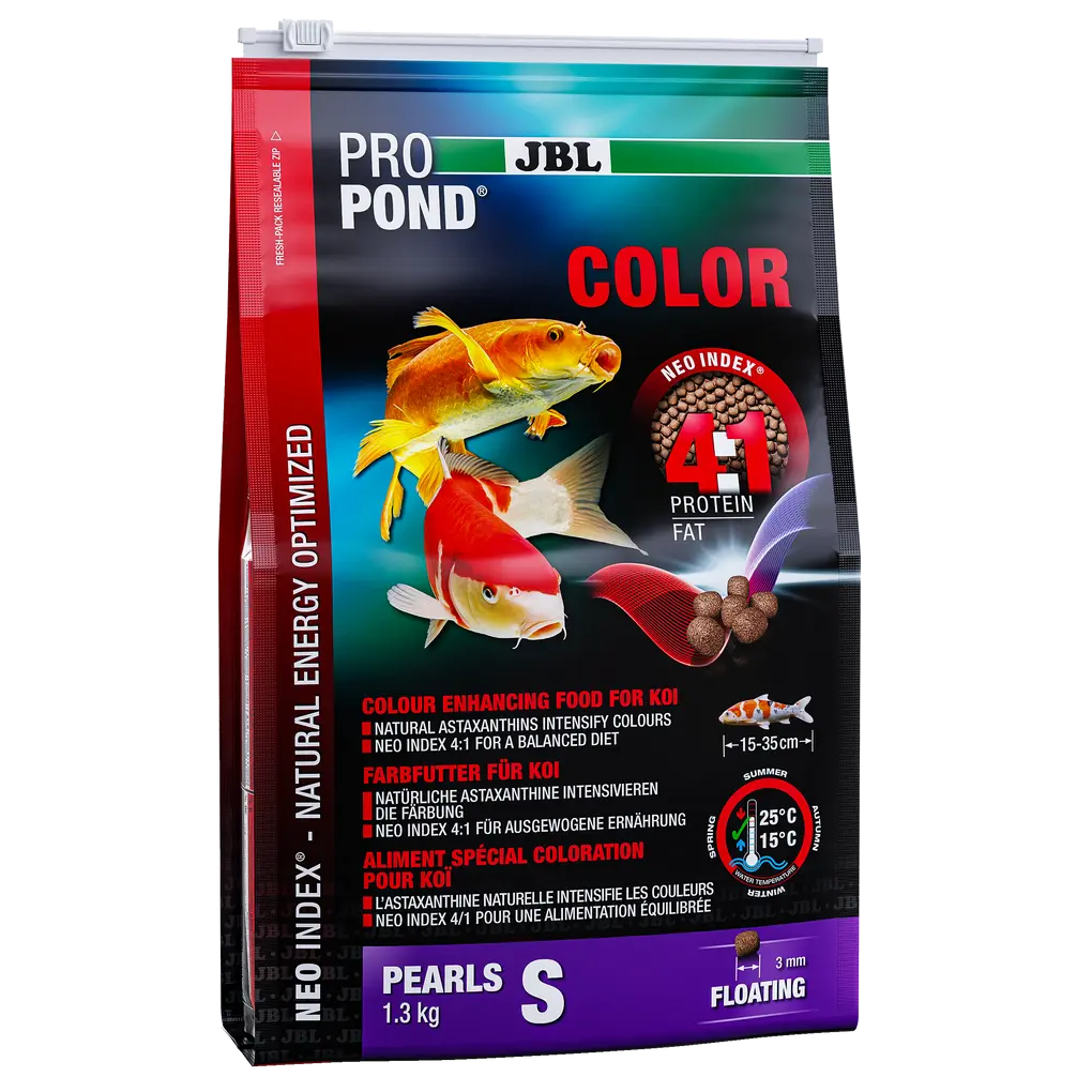 Complete food with the correct protein-fat ratio of 4:1 according to the NEO Index, which takes into account water temperature, function, animal size and age.