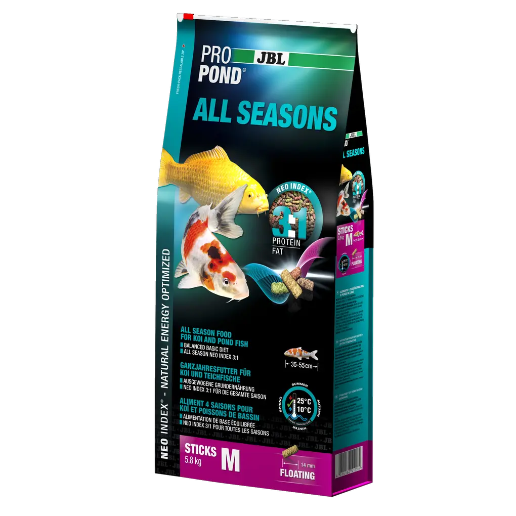 Pienso completo con una proporción adecuada de proteínas y grasas de 3:1 según el índice NEO, que tiene en cuenta la temperatura del agua,  la función, el tamaño y la edad del animal.