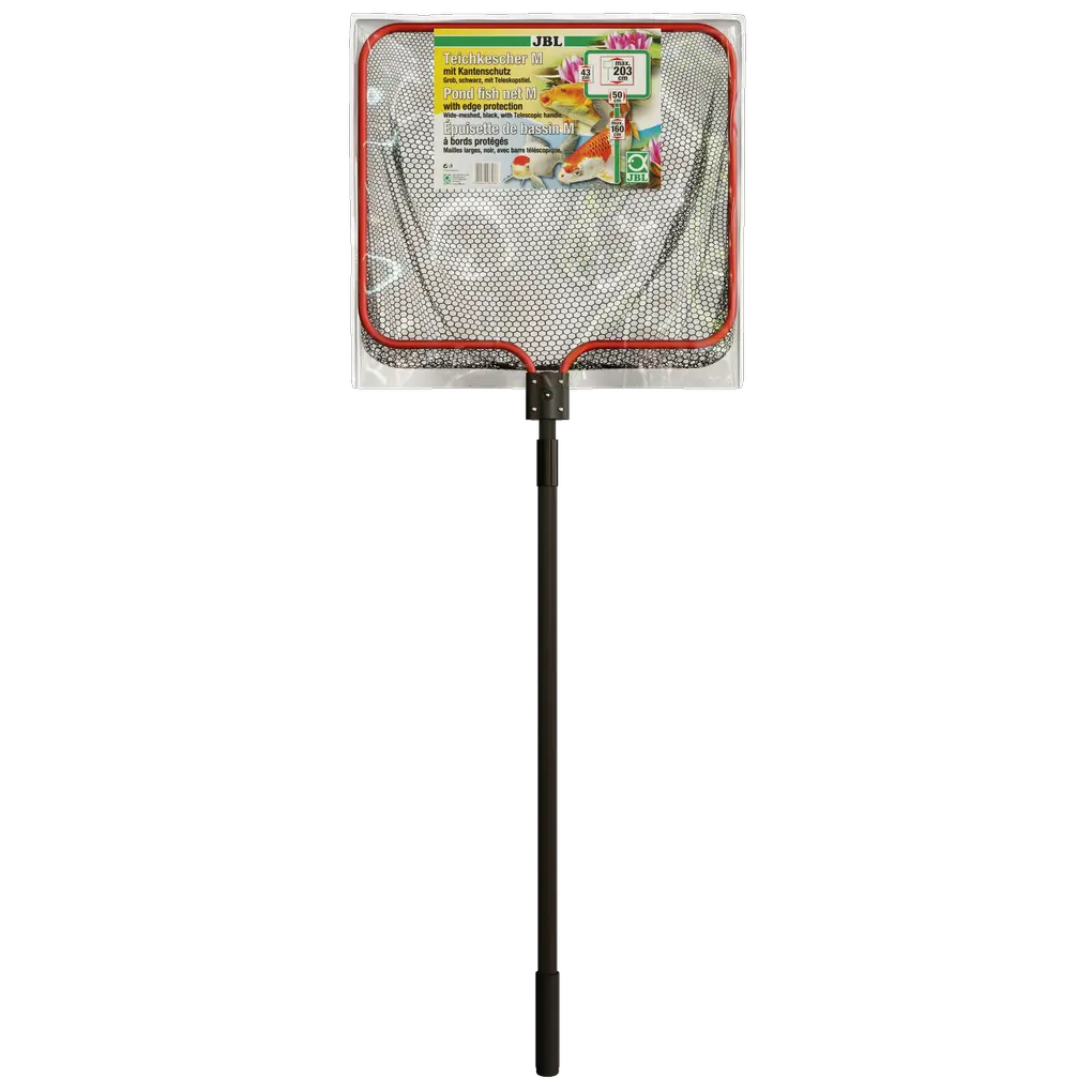 For the careful catching of pond fish with coarse, black netting. Also very well suited for collecting leaves.