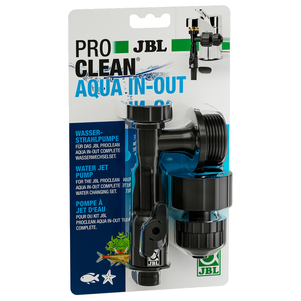 The pump, which is screwed onto the tap, creates suction through the flowing tap water, allowing water to be sucked out of the aquarium through a hose. After switching a lever, it can be refilled.