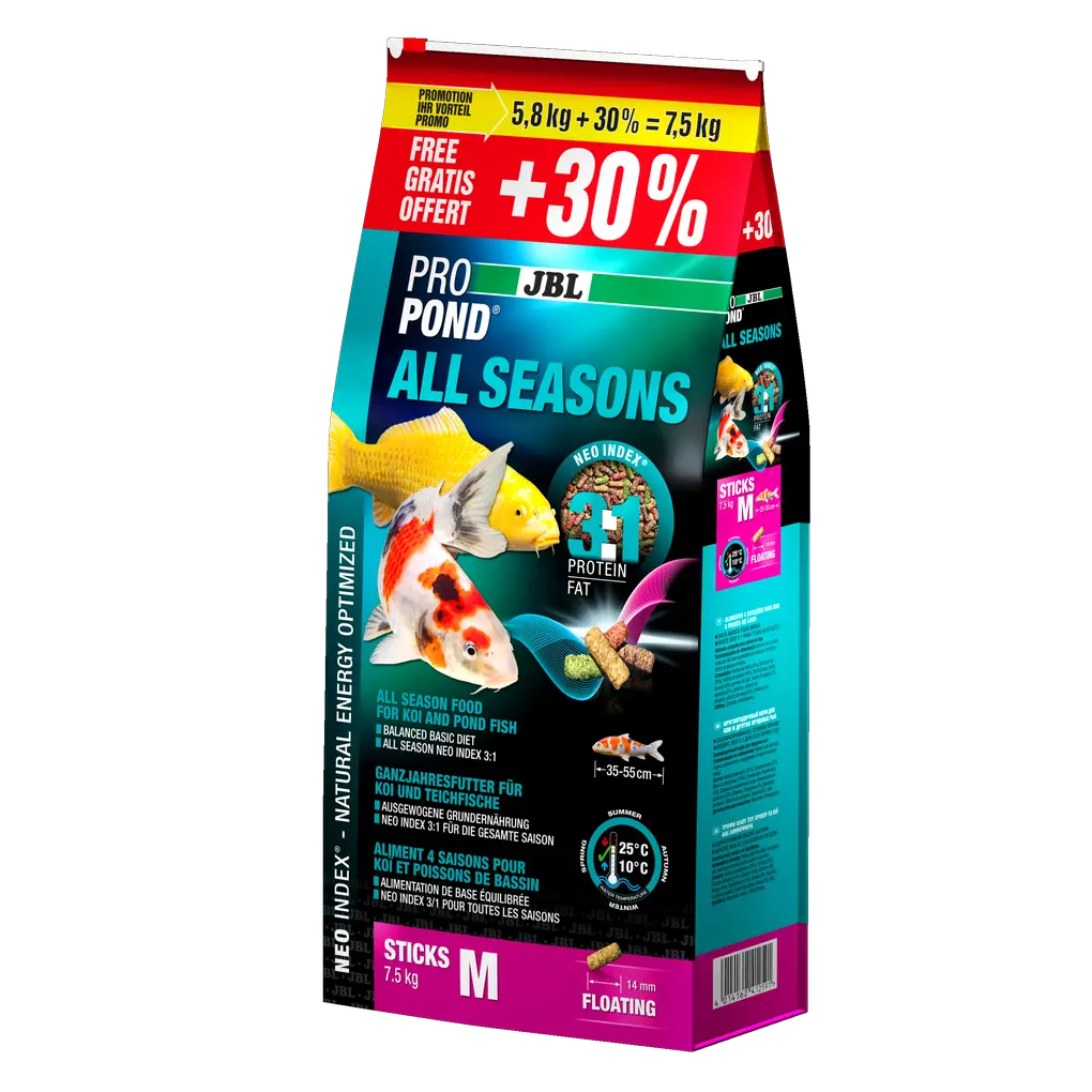 Complete feed with the correct protein-fat ratio of 3:1 according to the NEO Index, which takes into account water temperature, function, animal size and age.