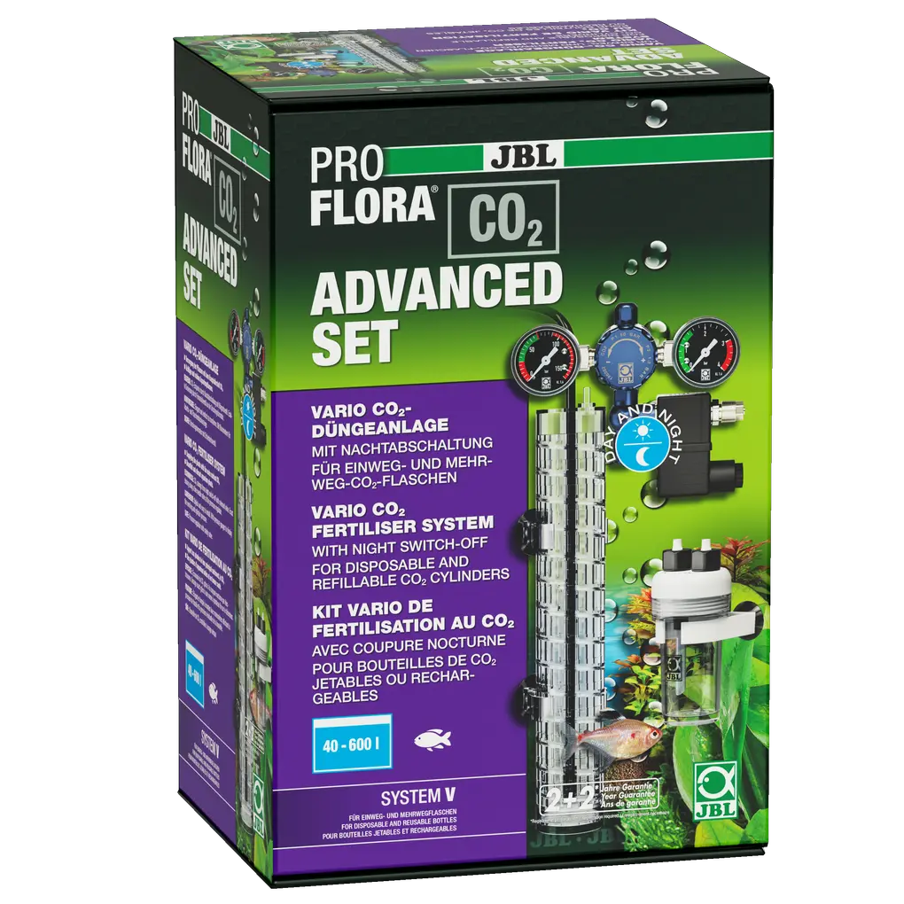 CO2 fertiliser system with solenoid valve for night-time shut-off to ensure optimal supply to all aquarium plants in freshwater aquariums from 40 to 600 litres, thus preventing algae growth.