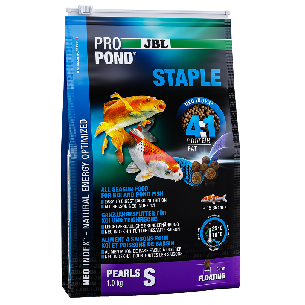High-quality, floating pellets with a diameter of 3 mm for year-round feeding at water temperatures of 10–25 °C.