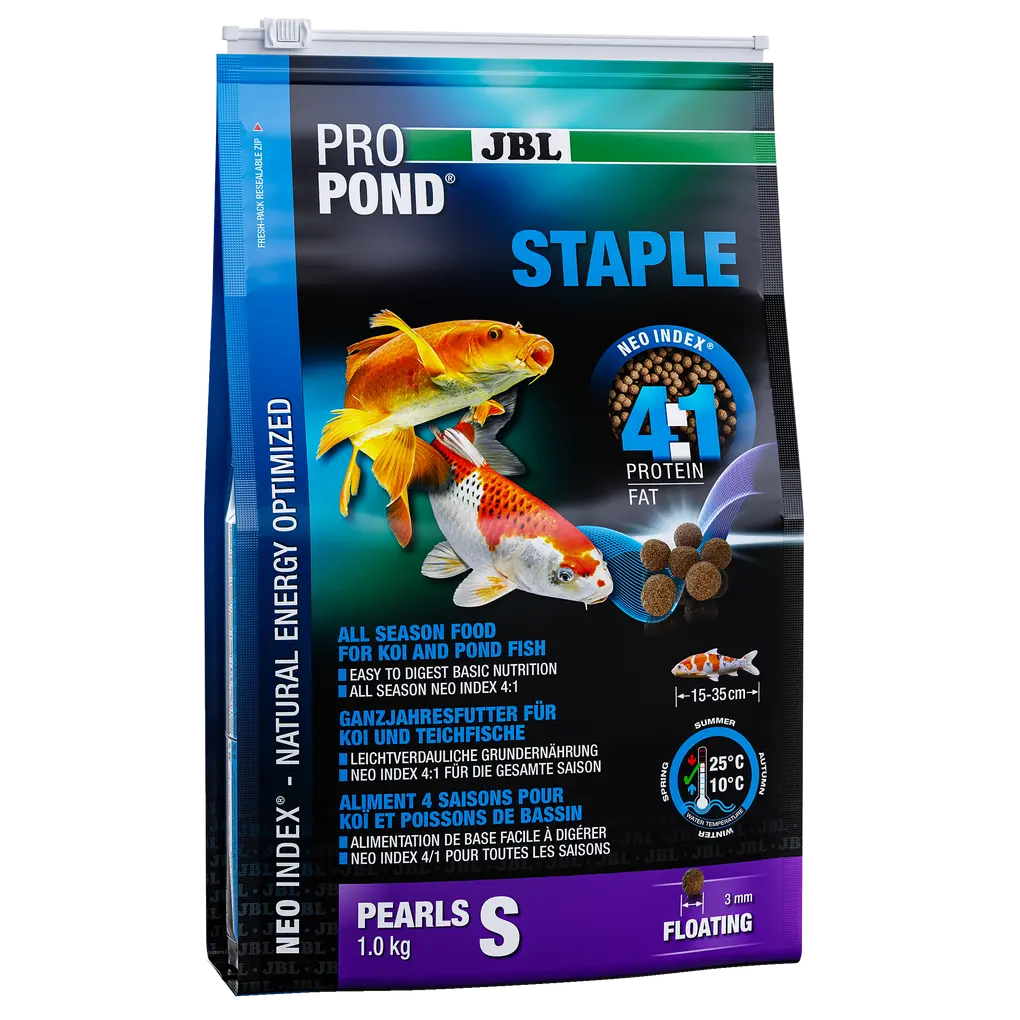 High-quality, floating pellets with a diameter of 3 mm for year-round feeding at water temperatures of 10–25 °C.