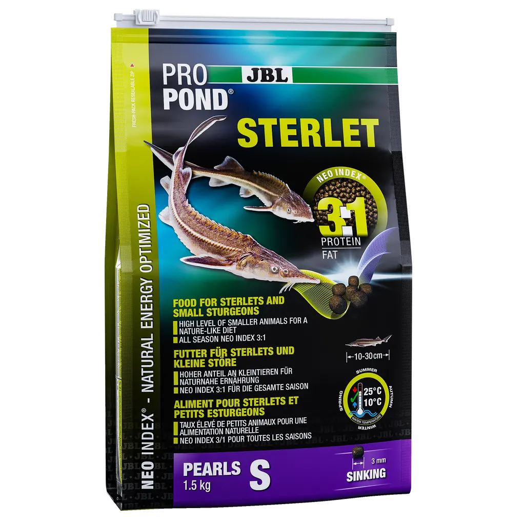 Complete feed with the correct protein-fat ratio of 3:1 according to the NEO Index, which takes into account water temperature, function, animal size and age.
