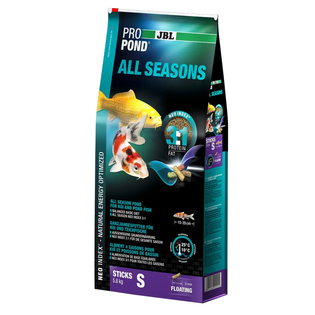 Complete feed with the correct protein-fat ratio of 3:1 according to the NEO Index, which takes into account water temperature, function, animal size and age.