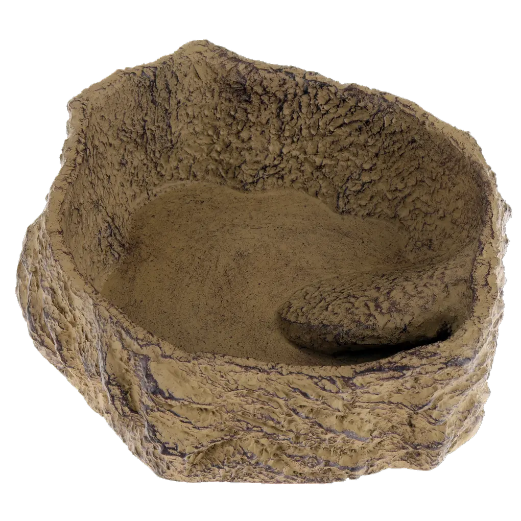 Customised design of the terrarium: beige sandstone-look bowl for food, water or bathing.